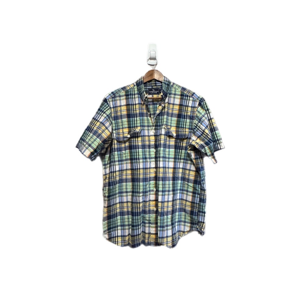 American Living Plaid Button Down Mens Large Green‎ Blue Yellow Excellent Cotton